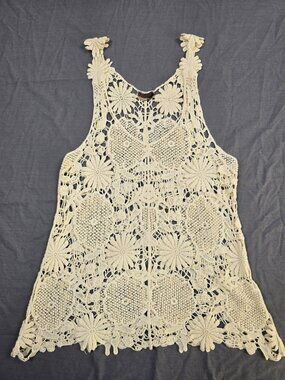 Crochet Lace Sleeveless Top Floral Pattern Ivory Boho Womens Small Medium